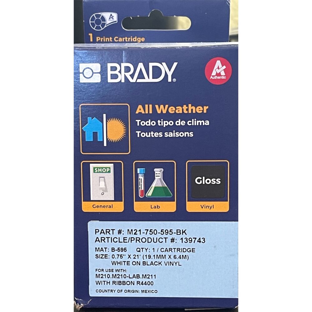 Brady M21-750-595-BK White on Black .75" x 21' M210 M210 Lab M211 Label Makers